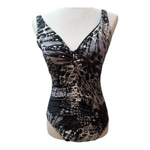 Aqua Green One Piece V Neck Ruched Animal Print Black Gray Women's Small